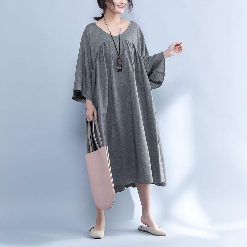 V Neck Three Quarter Sleeve Loose Gray Dress - Omychic