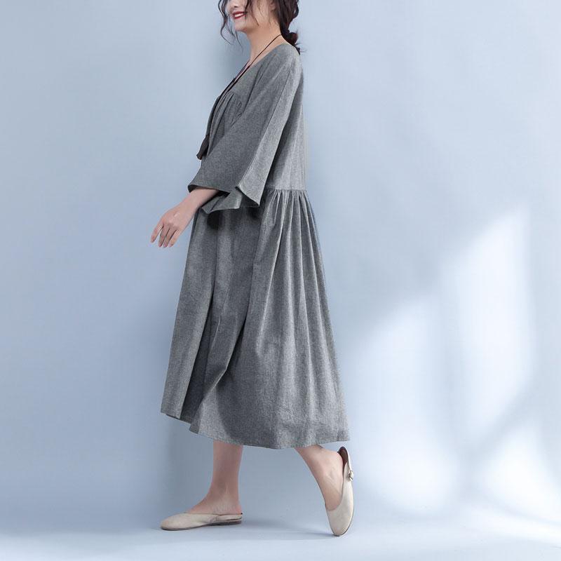 V Neck Three Quarter Sleeve Loose Gray Dress - Omychic