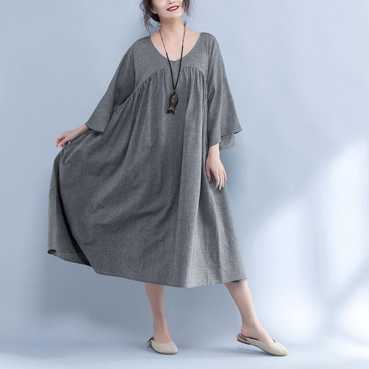 V Neck Three Quarter Sleeve Loose Gray Dress - Omychic