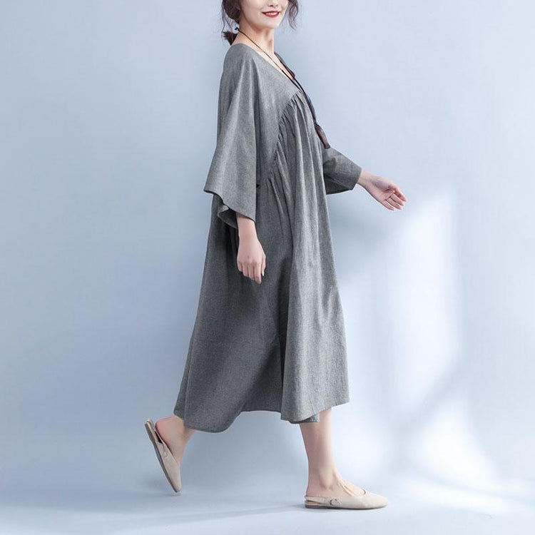 V Neck Three Quarter Sleeve Loose Gray Dress - Omychic