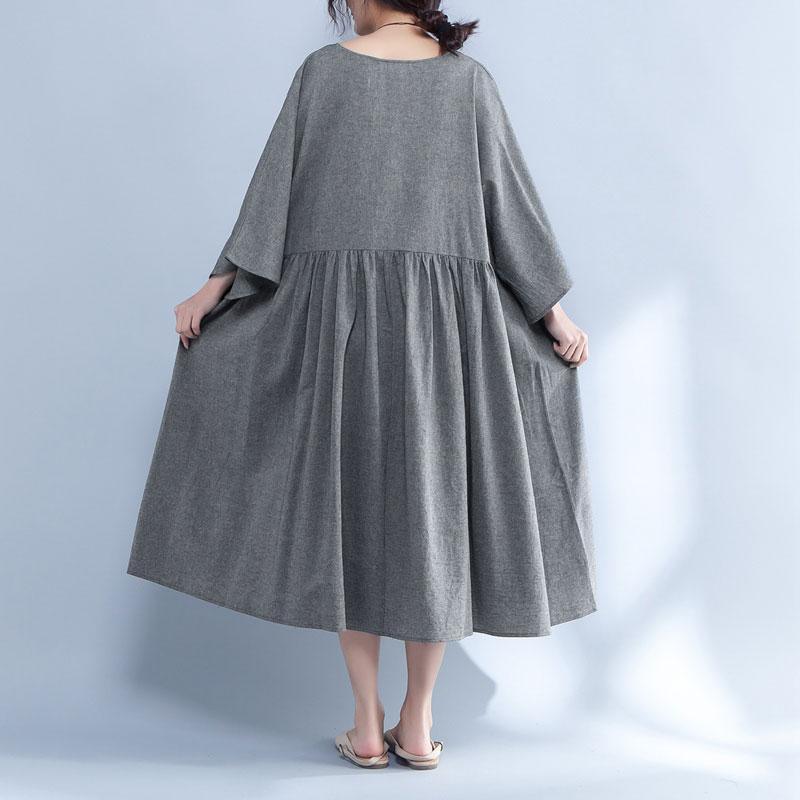 V Neck Three Quarter Sleeve Loose Gray Dress - Omychic