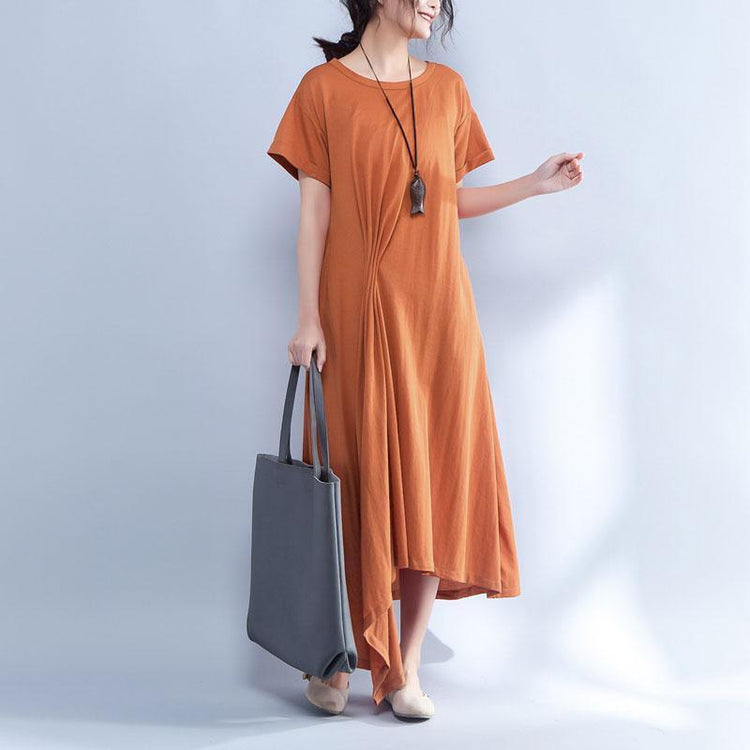 Short Sleeve Round Neck Summer Irregular Orange Dress - Omychic