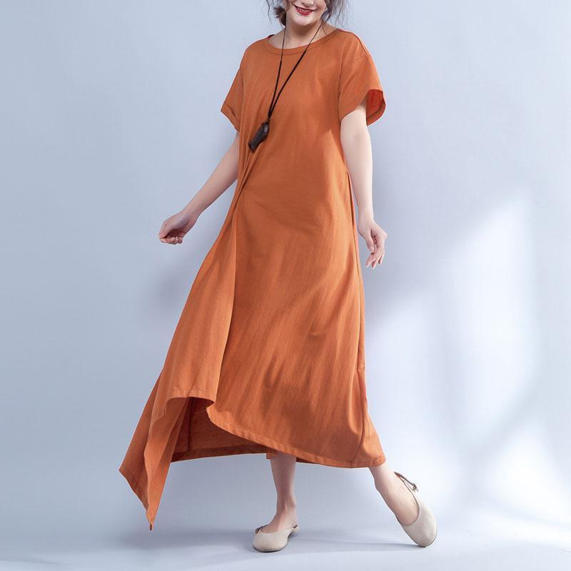 Short Sleeve Round Neck Summer Irregular Orange Dress - Omychic