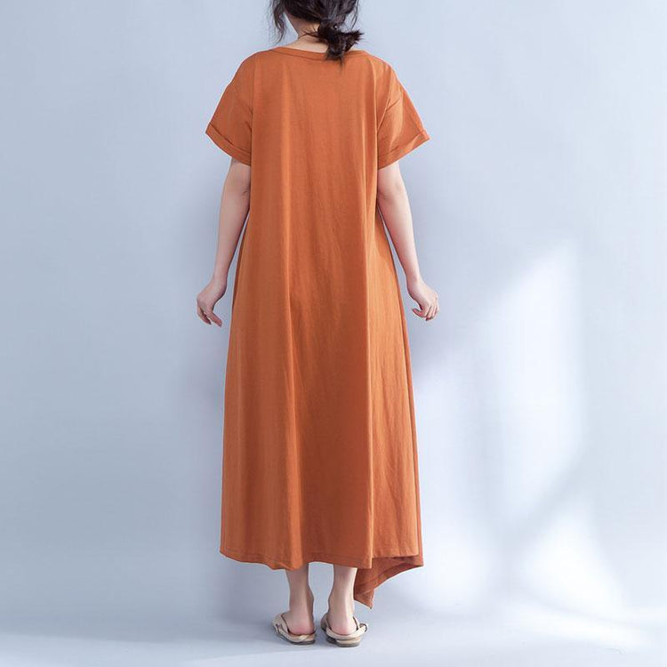 Short Sleeve Round Neck Summer Irregular Orange Dress - Omychic