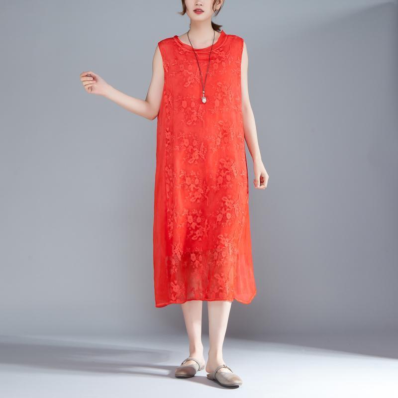 Women Embroidered Pullovers Sleeveless Red Dress - Omychic