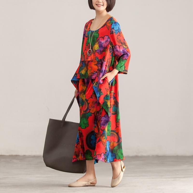 Round Neck Three Quarter Sleeve Colorful Printed Dress - Omychic