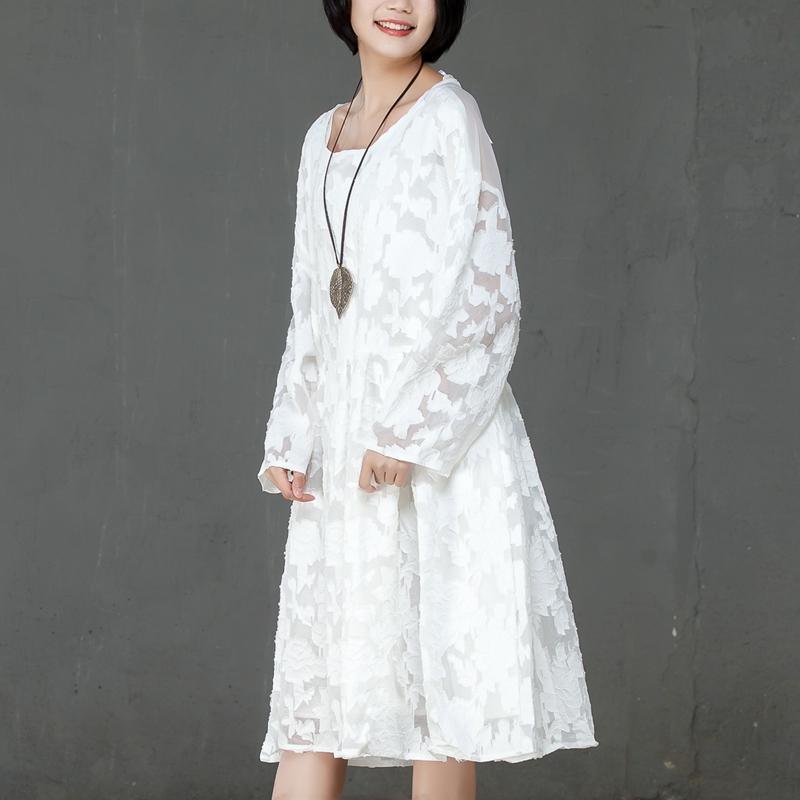 Loose Women Spring Round Neck Long Sleeve White Dress - Omychic