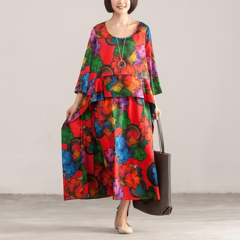 Round Neck Three Quarter Sleeve Colorful Printed Dress - Omychic