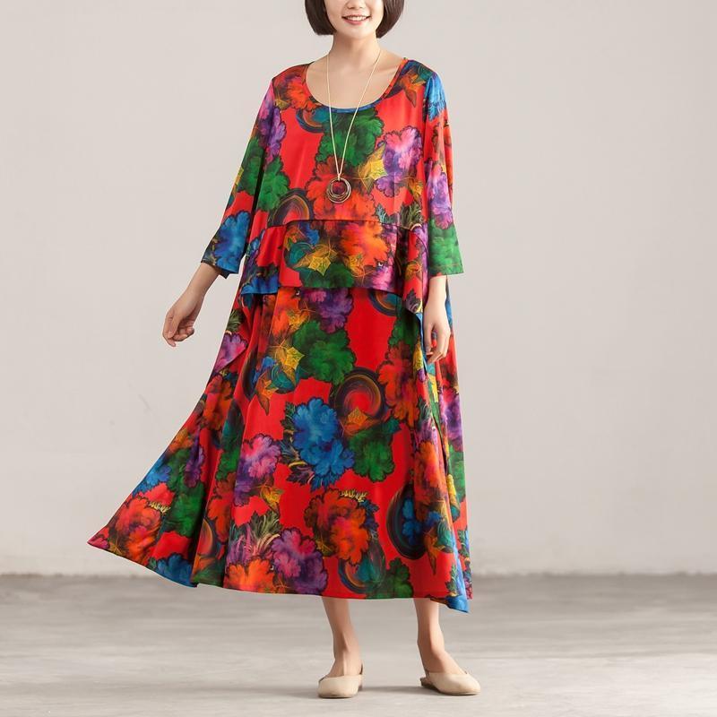 Round Neck Three Quarter Sleeve Colorful Printed Dress - Omychic