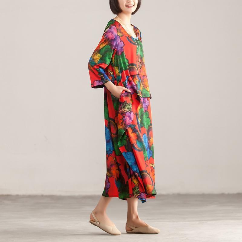 Round Neck Three Quarter Sleeve Colorful Printed Dress - Omychic