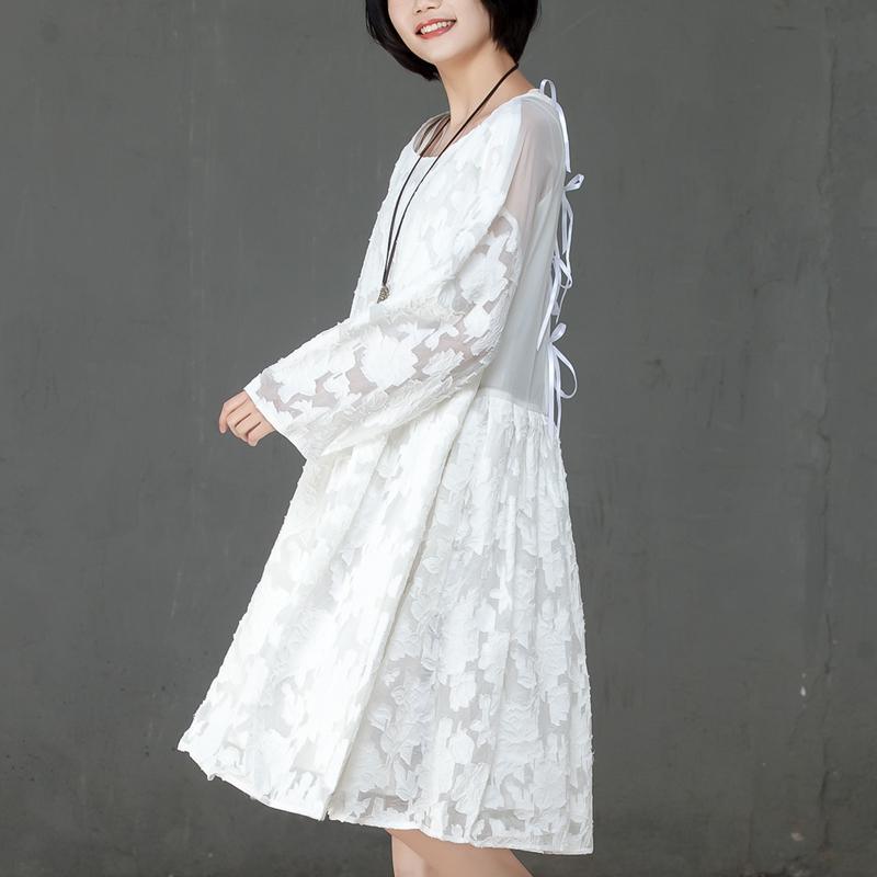 Loose Women Spring Round Neck Long Sleeve White Dress - Omychic