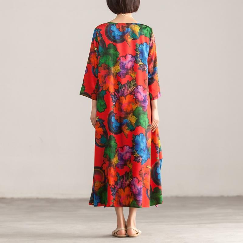 Round Neck Three Quarter Sleeve Colorful Printed Dress - Omychic