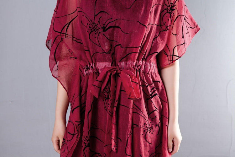 Spring Summer Round Neck Short Sleeve Printed Red Dress - Omychic