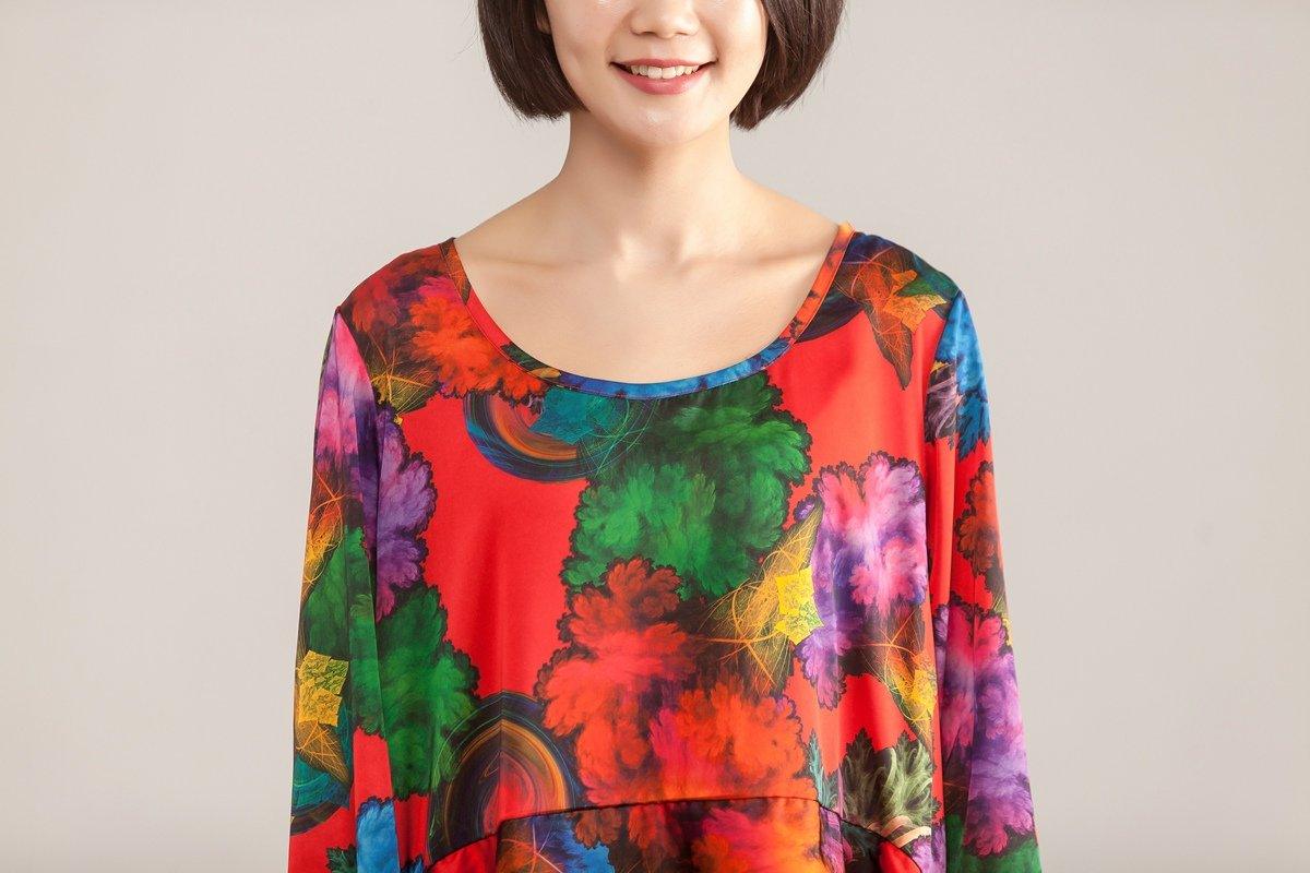 Round Neck Three Quarter Sleeve Colorful Printed Dress - Omychic