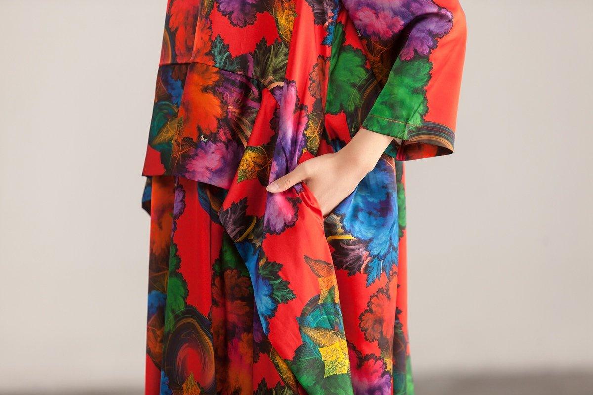 Round Neck Three Quarter Sleeve Colorful Printed Dress - Omychic