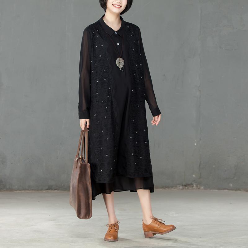 Spring Polo Collar Long Sleeve Women Black Dress - Omychic