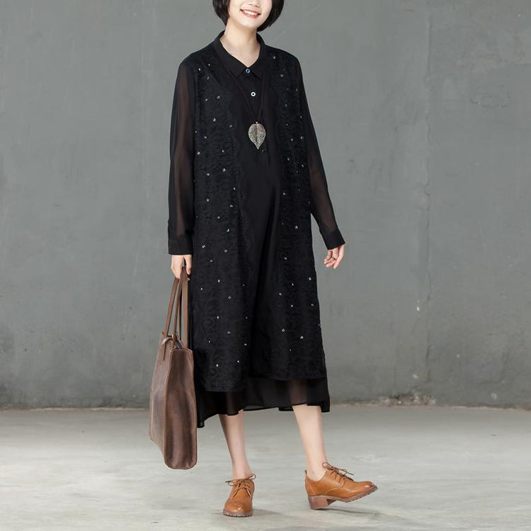 Spring Polo Collar Long Sleeve Women Black Dress - Omychic