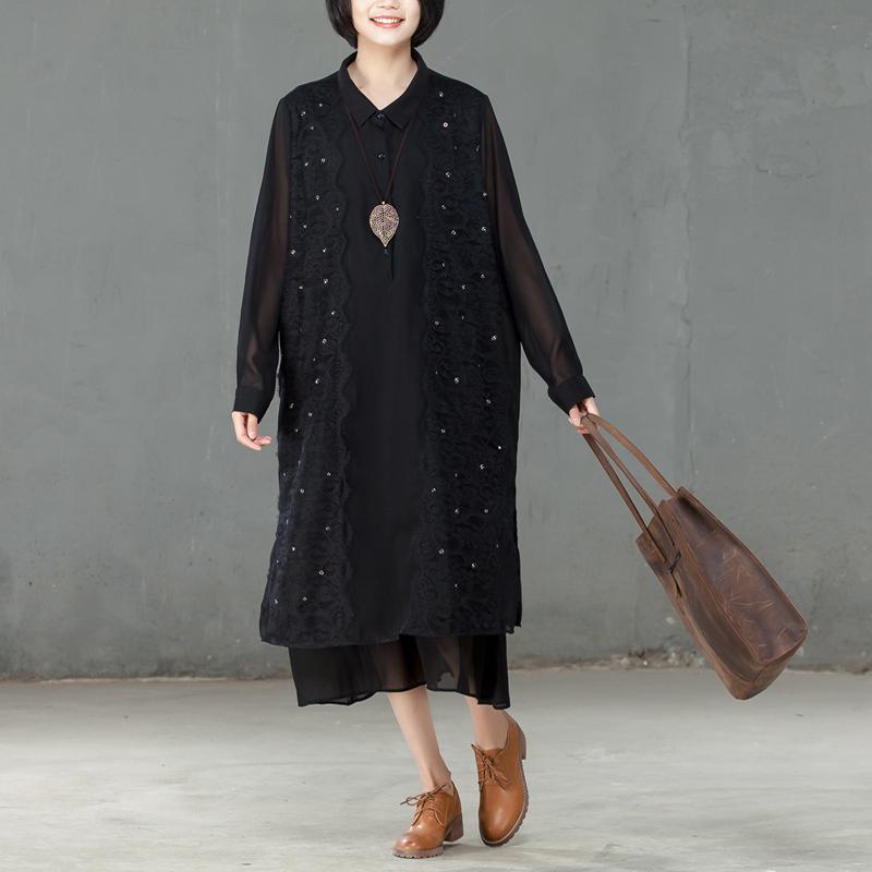 Spring Polo Collar Long Sleeve Women Black Dress - Omychic