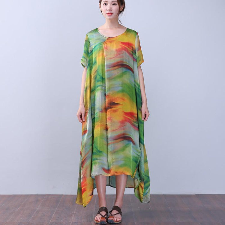 Retro Slit Printing Silk Women Short Sleeves Green Dress - Omychic