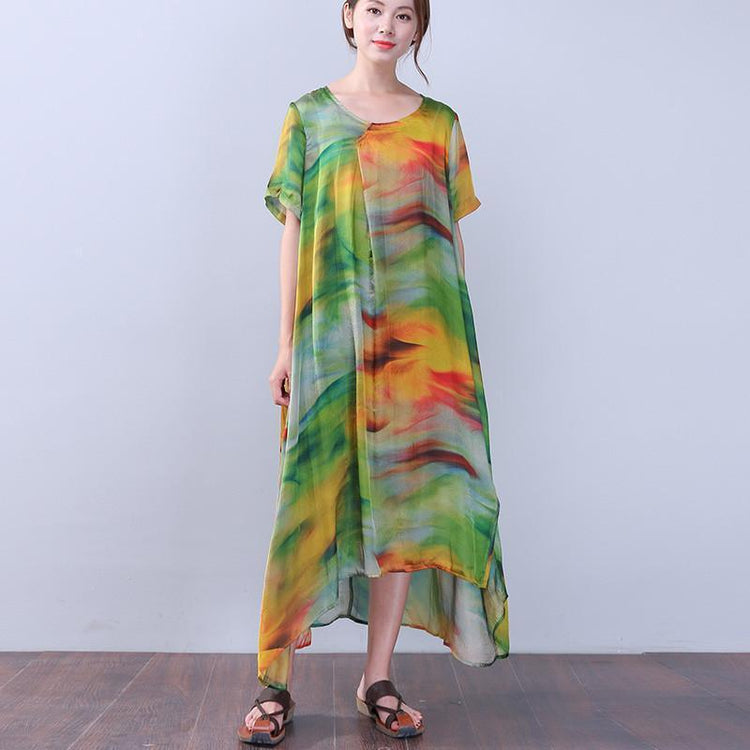 Retro Slit Printing Silk Women Short Sleeves Green Dress - Omychic