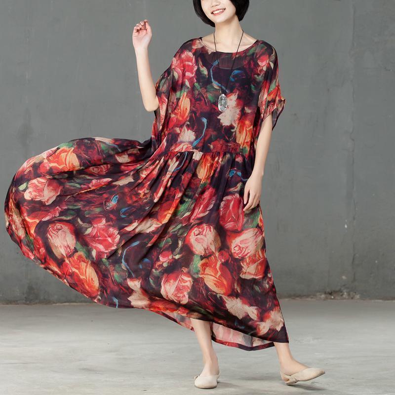 Spring Floral Printed Round Neck Short Sleeve Women Dress - Omychic
