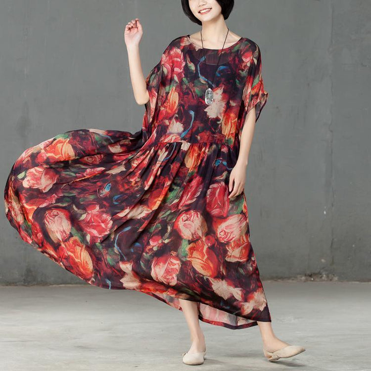 Spring Floral Printed Round Neck Short Sleeve Women Dress - Omychic