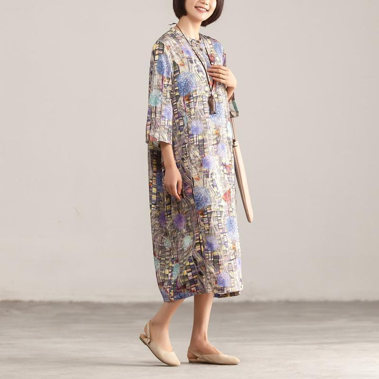 Retro Stand Collar Three Quarter Sleeve Printed Dress - Omychic