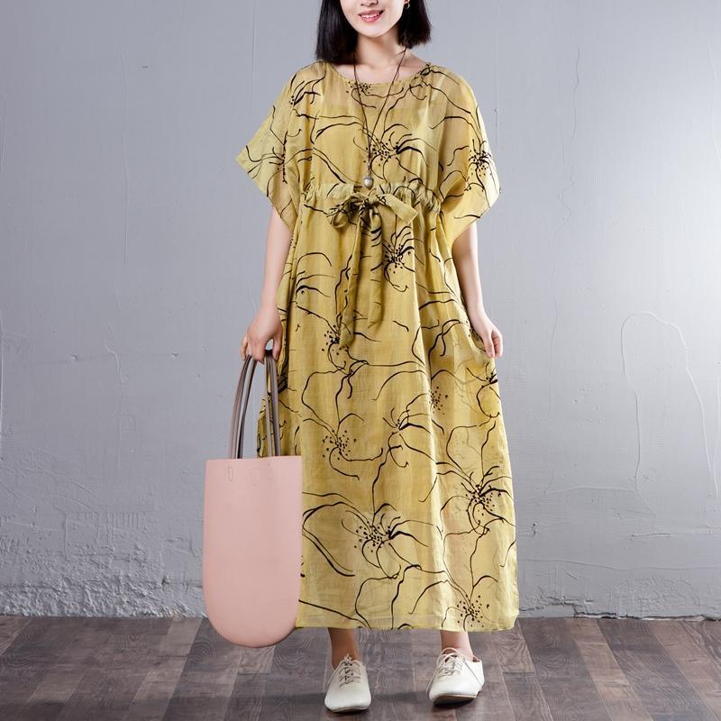 Spring Summer Round Neck Short Sleeve Printed Yellow Dress - Omychic