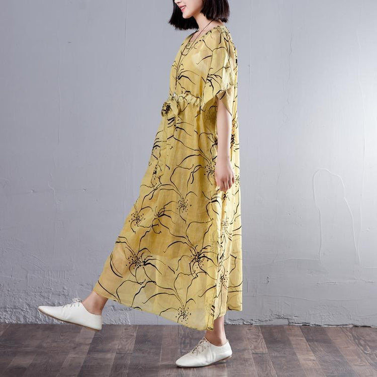 Spring Summer Round Neck Short Sleeve Printed Yellow Dress - Omychic