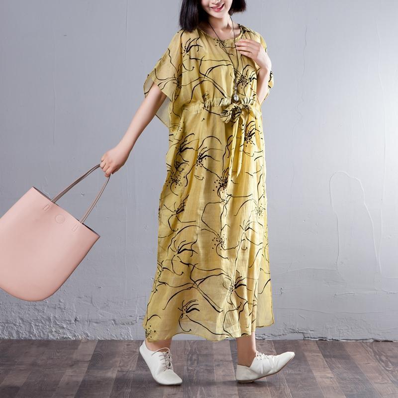 Spring Summer Round Neck Short Sleeve Printed Yellow Dress - Omychic