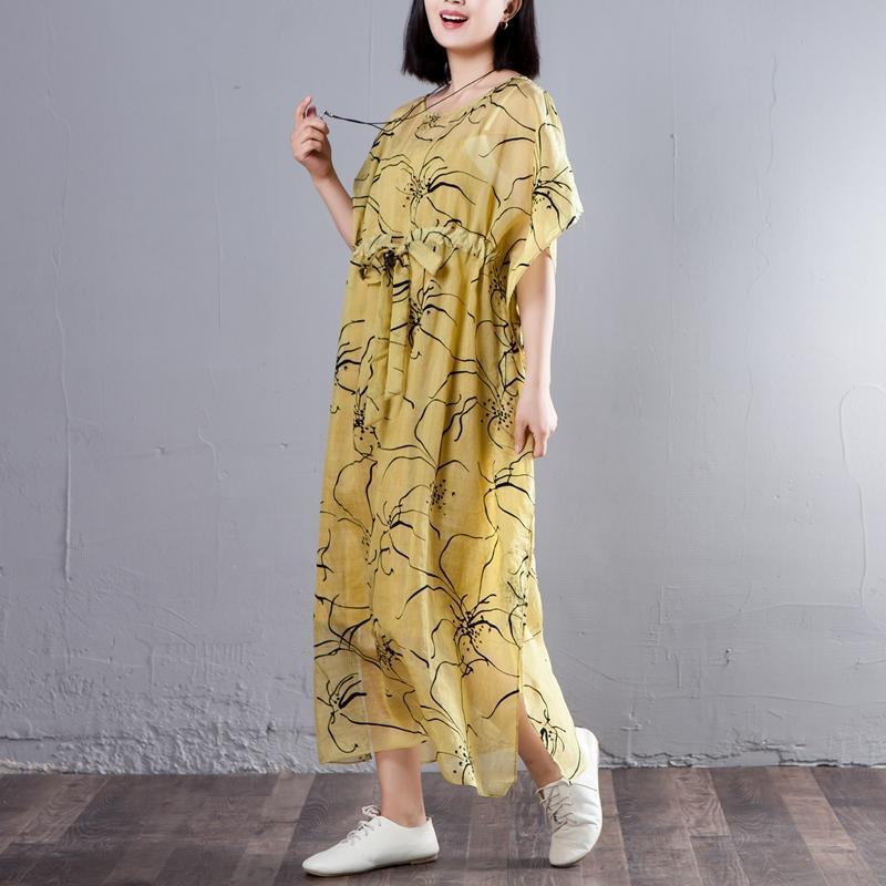 Spring Summer Round Neck Short Sleeve Printed Yellow Dress - Omychic