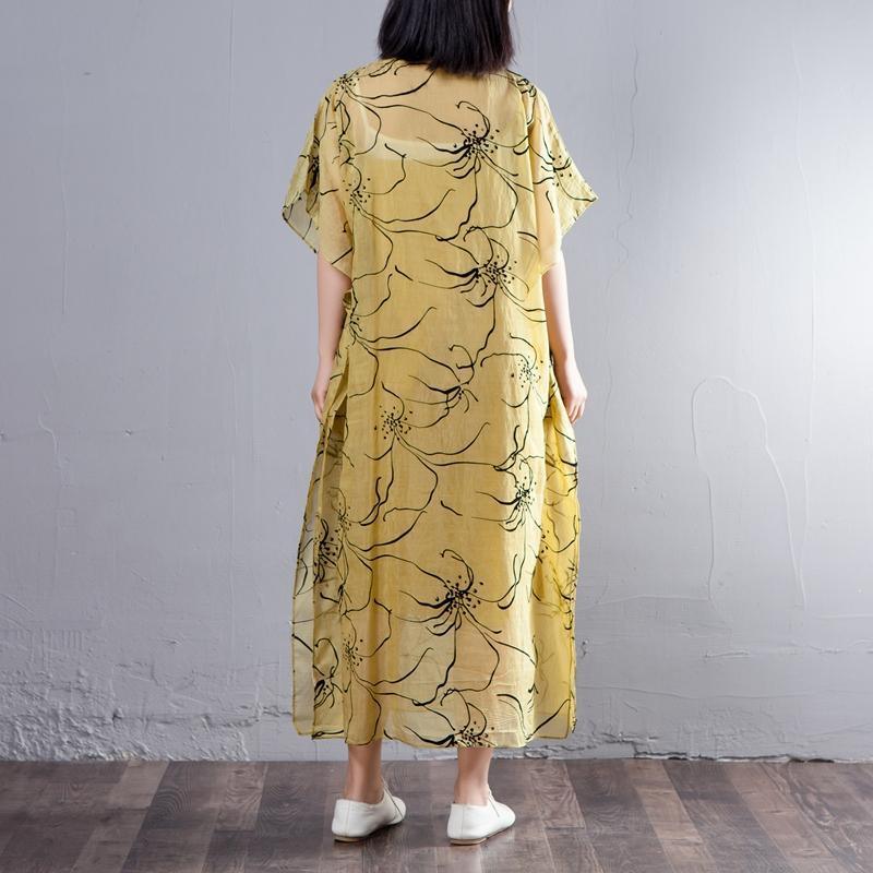 Spring Summer Round Neck Short Sleeve Printed Yellow Dress - Omychic