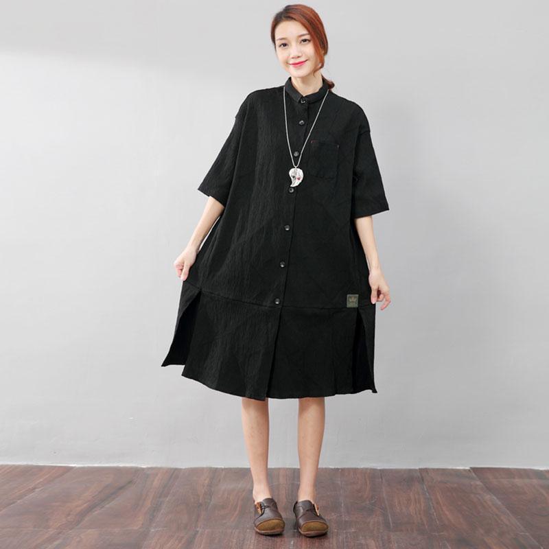 Fashion Polo Collar Single Breasted Back Splicing Women Black Dress - Omychic