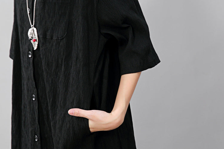 Fashion Polo Collar Single Breasted Back Splicing Women Black Dress - Omychic