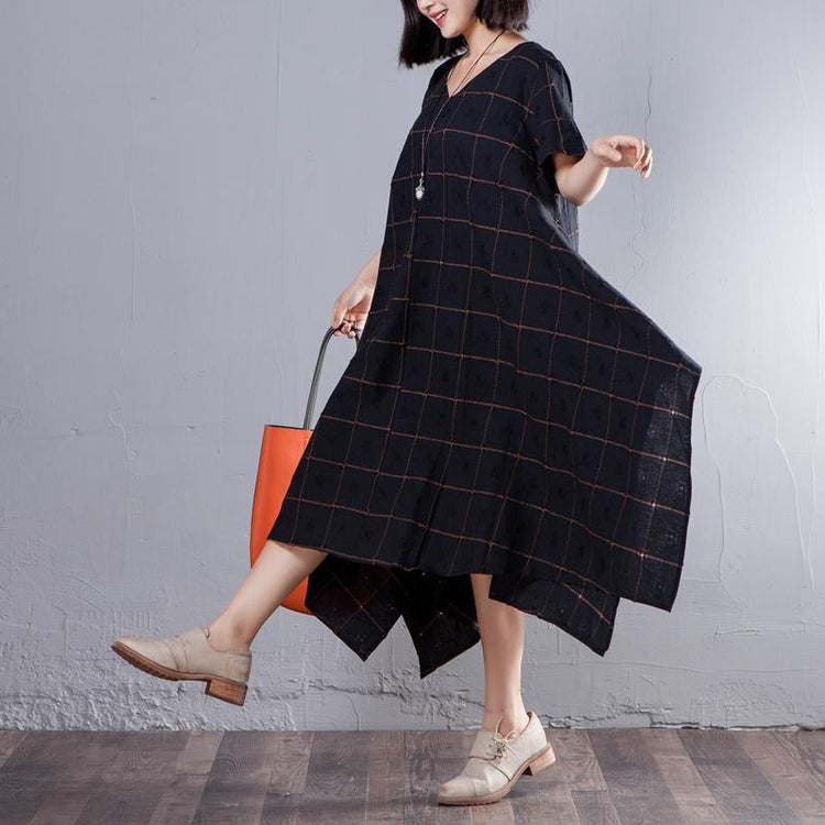 Summer V Neck Short Sleeve Loose Lattice Black Dress - Omychic