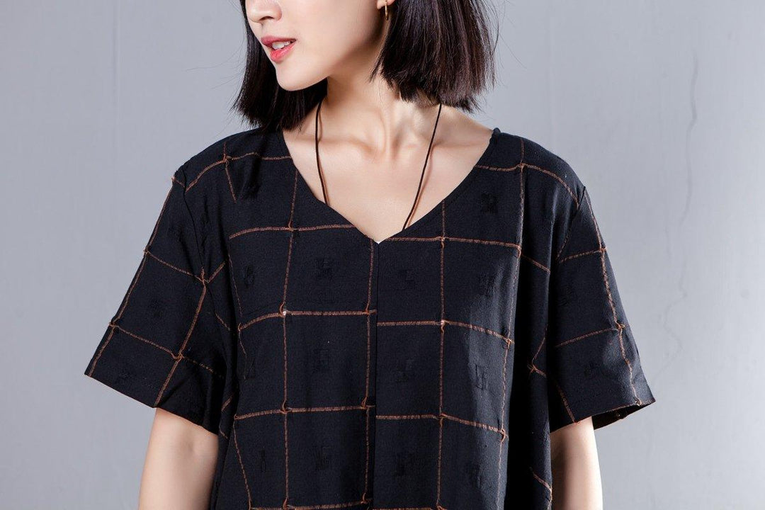 Summer V Neck Short Sleeve Loose Lattice Black Dress - Omychic