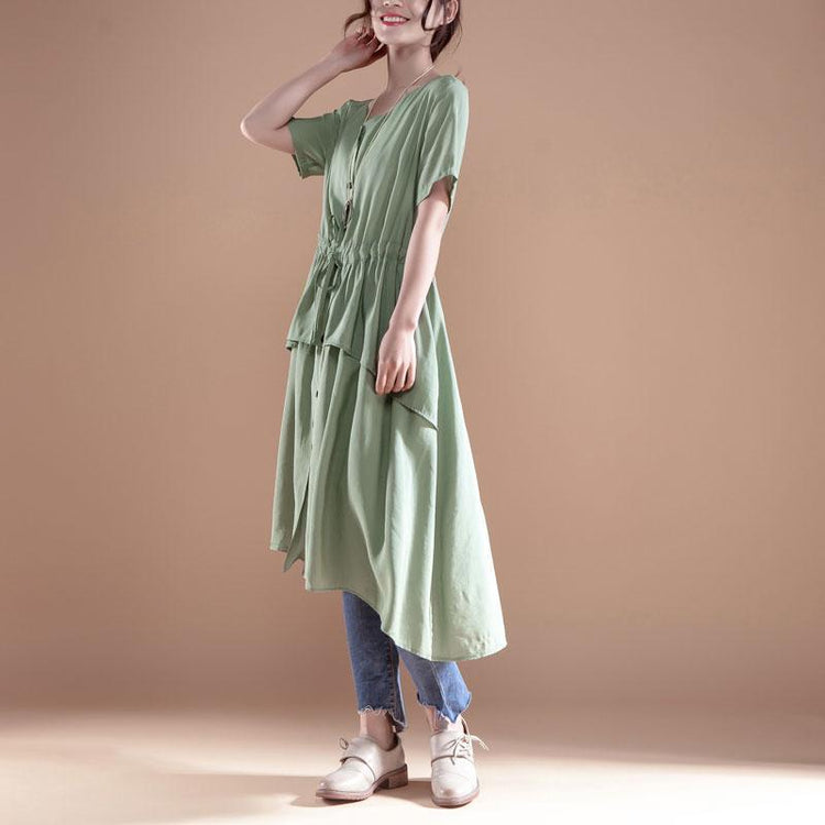 V Neck Short Sleeve Casual Green Single Breasted Dress - Omychic
