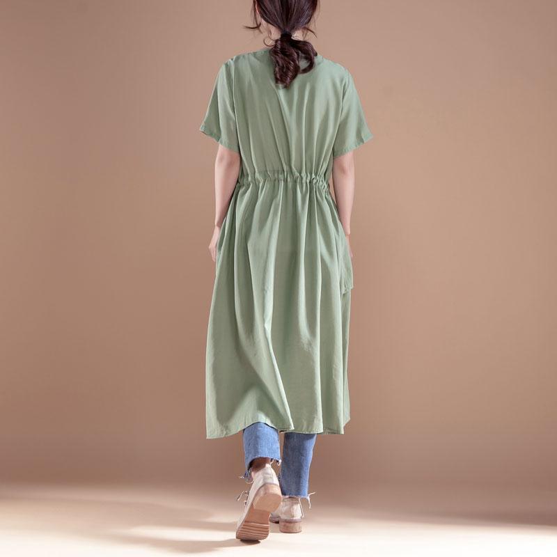 V Neck Short Sleeve Casual Green Single Breasted Dress - Omychic