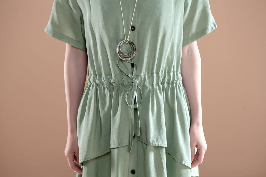 V Neck Short Sleeve Casual Green Single Breasted Dress - Omychic