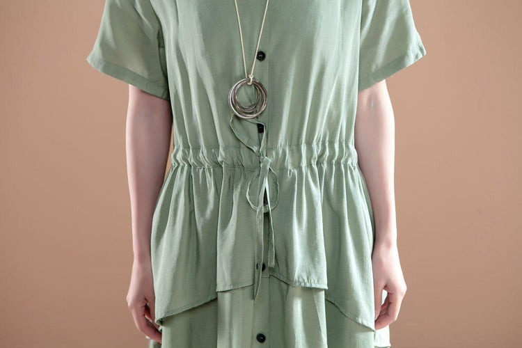 V Neck Short Sleeve Casual Green Single Breasted Dress - Omychic