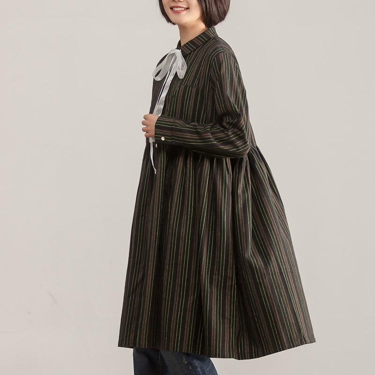 Long Sleeve Stripe Polo Collar Single Breasted Dress - Omychic