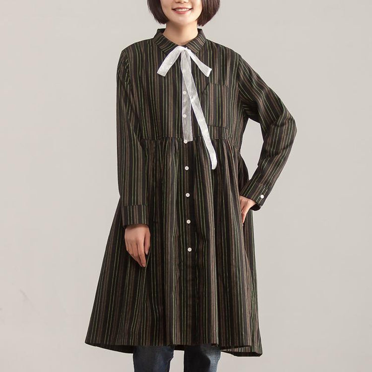 Long Sleeve Stripe Polo Collar Single Breasted Dress - Omychic