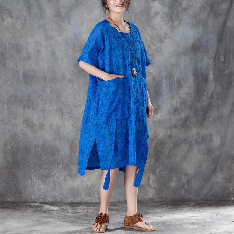 Loose Round Neck Short Sleeve Irregular Blue Dress - Omychic