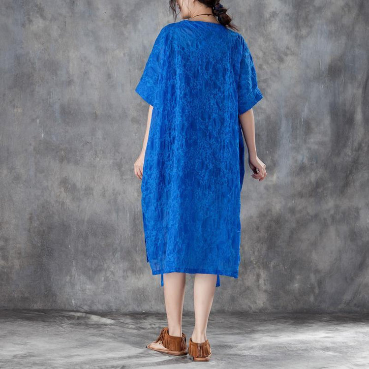 Loose Round Neck Short Sleeve Irregular Blue Dress - Omychic