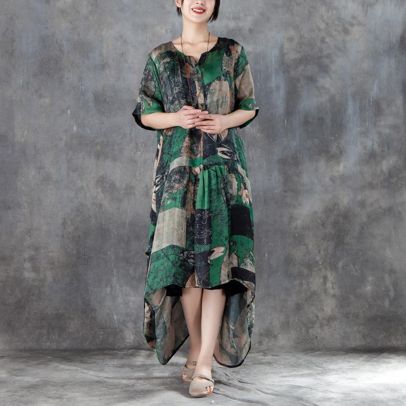 Women Short Sleeve Irregular Retro Printed Dress - Omychic