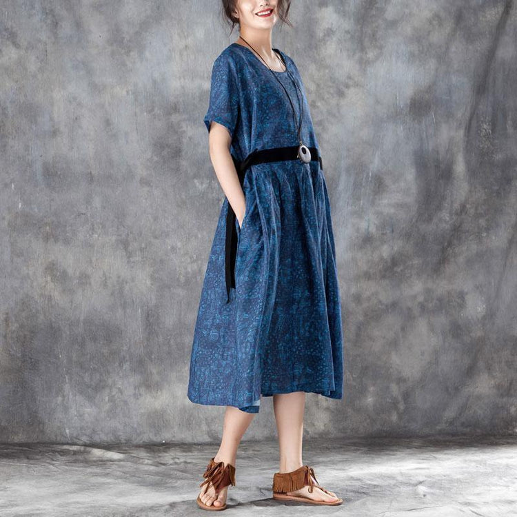 Printed Lacing Short Sleeve Dresses Blue Pleated Dress - Omychic