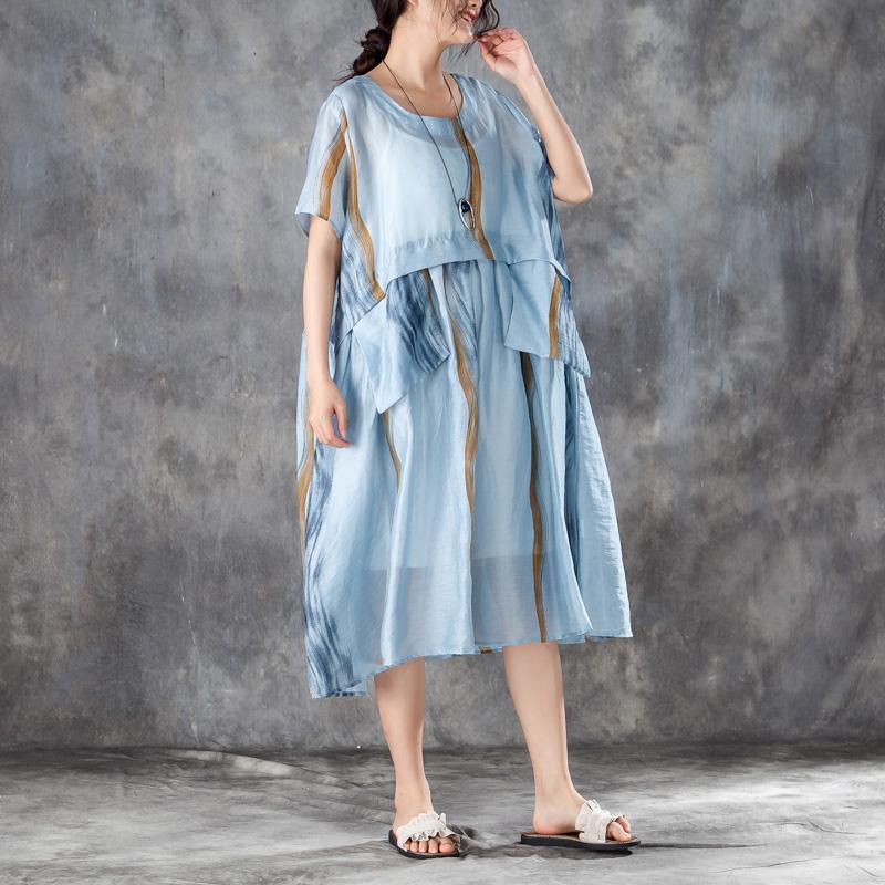 Summer Women Short Sleeve Pleated Blue Thin Dress - Omychic