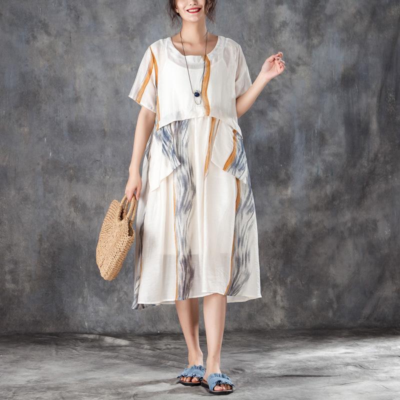 Summer Women Short Sleeve Pleated Beige Thin Dress - Omychic