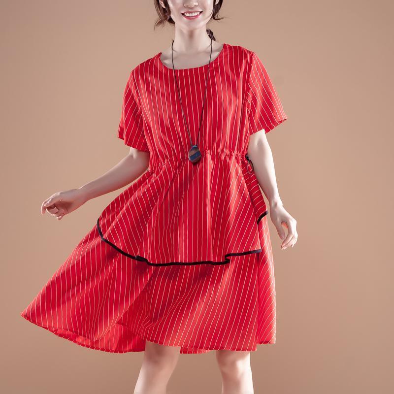 Stripe Short Sleeve Round Neck Drawstring Red Dress - Omychic