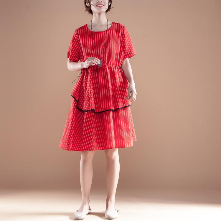 Stripe Short Sleeve Round Neck Drawstring Red Dress - Omychic